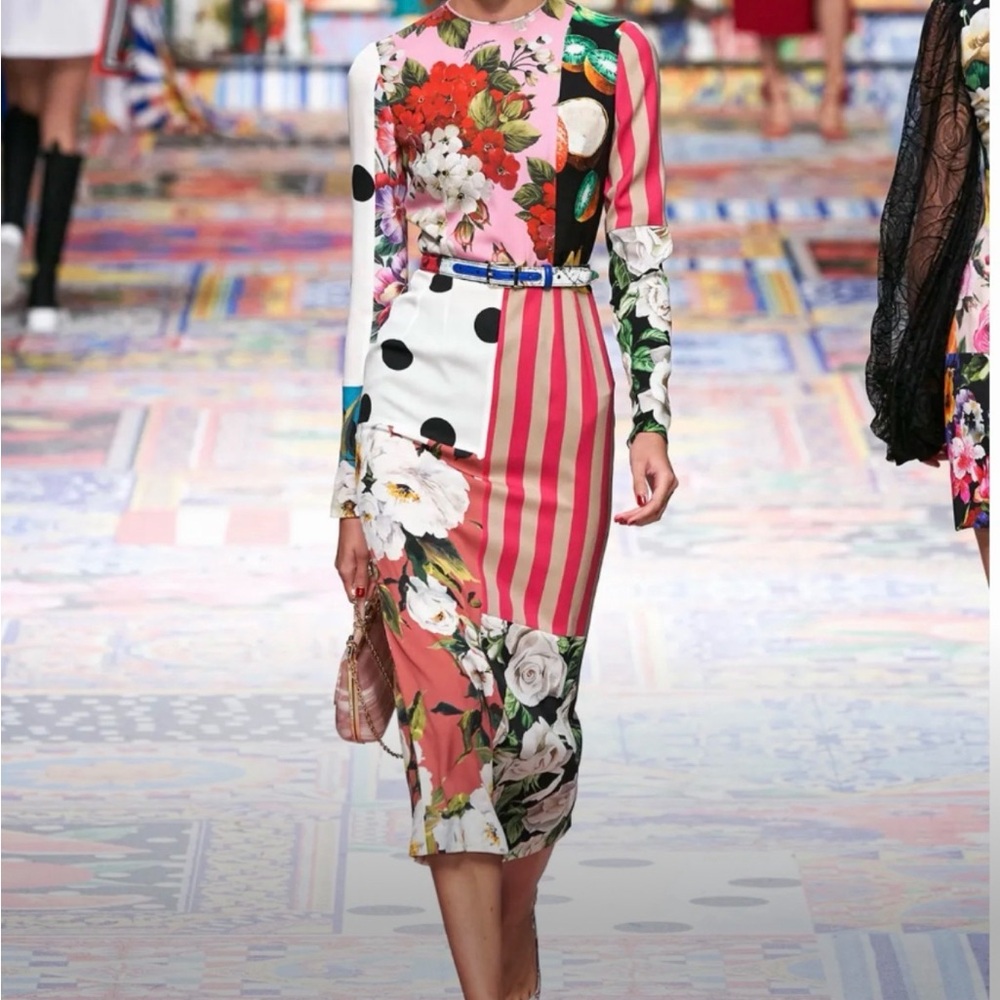 Dolce & Gabbana Pink Floral and Striped Long Sleeve Dress